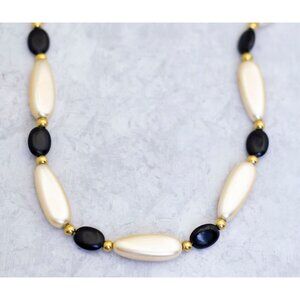 24 inch, Vintage Beaded White Black Beaded Faux Pearls Necklace by Napier - CQ1